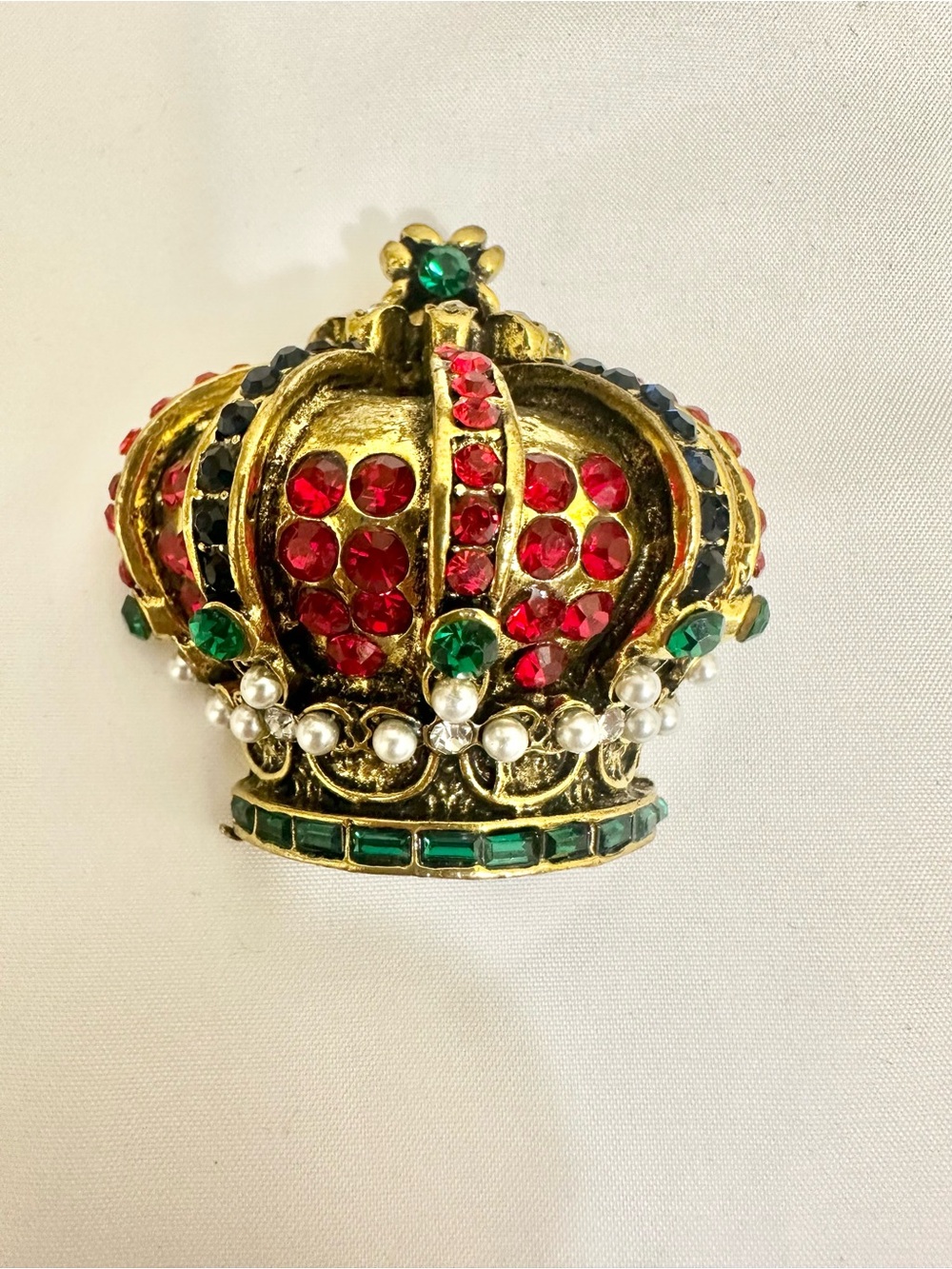 Fashion Jewelry Gold-Tone Crown Brooch with Red, Green & Pearl Accents